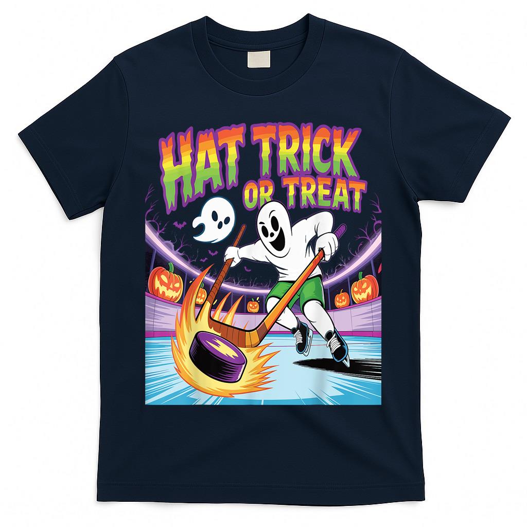 Hat Trick Or Treat Funny Ice Hockey Ghost Halloween T-Shirt