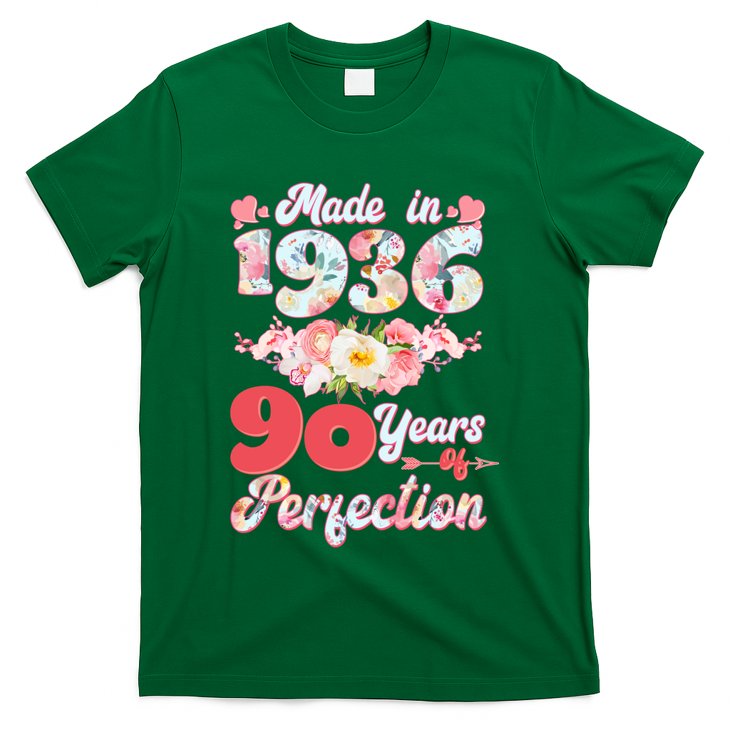 90th Birthday Floral Made In 1936 90 Years Of Perfection T-Shirt