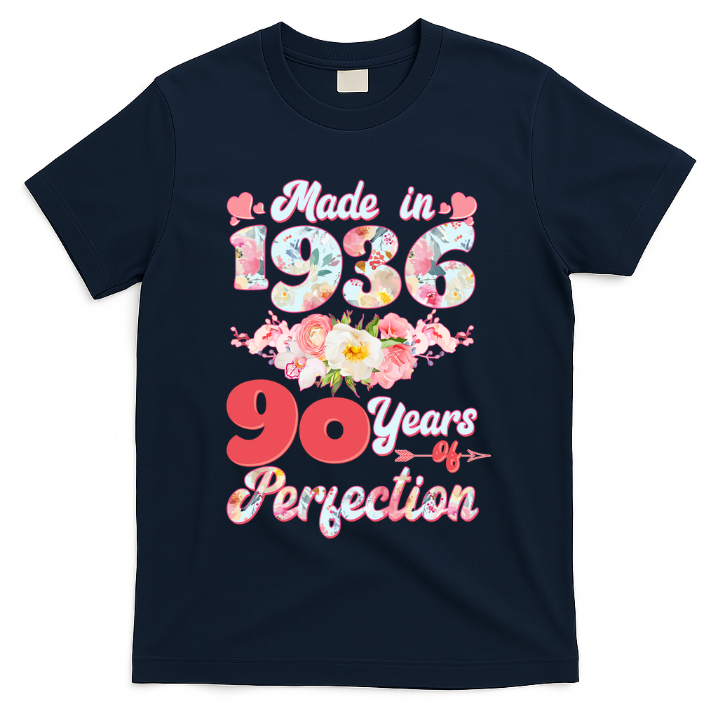 90th Birthday Floral Made In 1936 90 Years Of Perfection T-Shirt