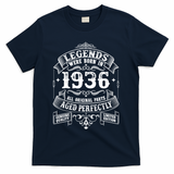 90th Birthday Vintage Scroll Border Legends Were Born Age Perfectly 1936 T-Shirt - Navy