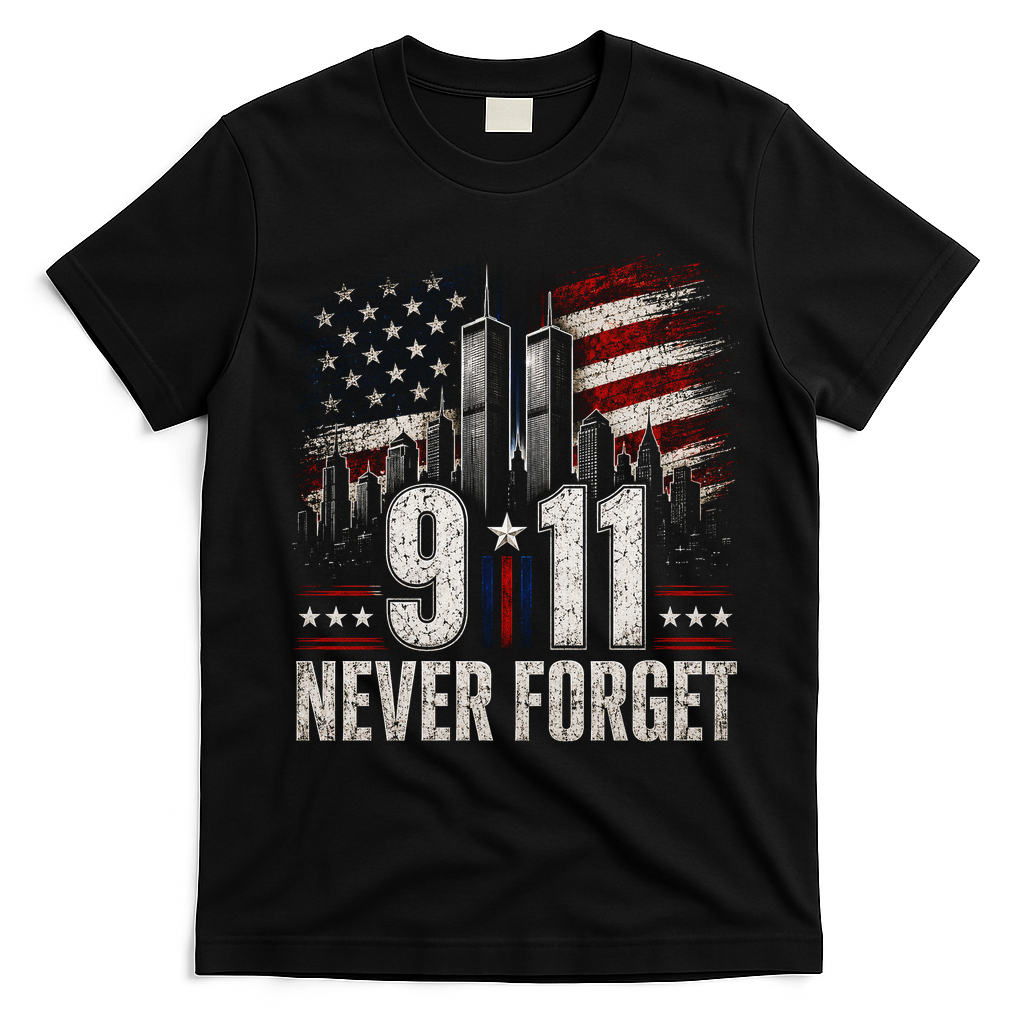 9/11 Never Forget American Flag Memorial Tribute 911 T-Shirt - Black