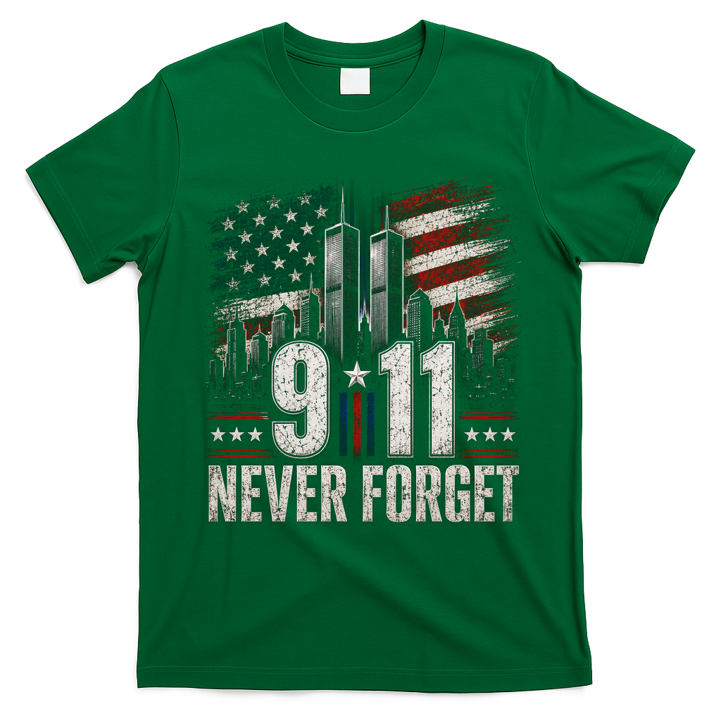 9/11 Never Forget American Flag Memorial Tribute 911 T-Shirt - Irish Green