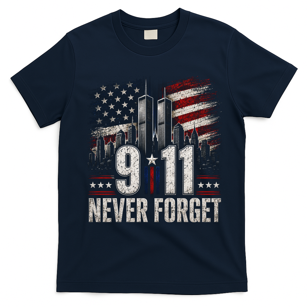 9/11 Never Forget American Flag Memorial Tribute 911 T-Shirt - Navy Blue