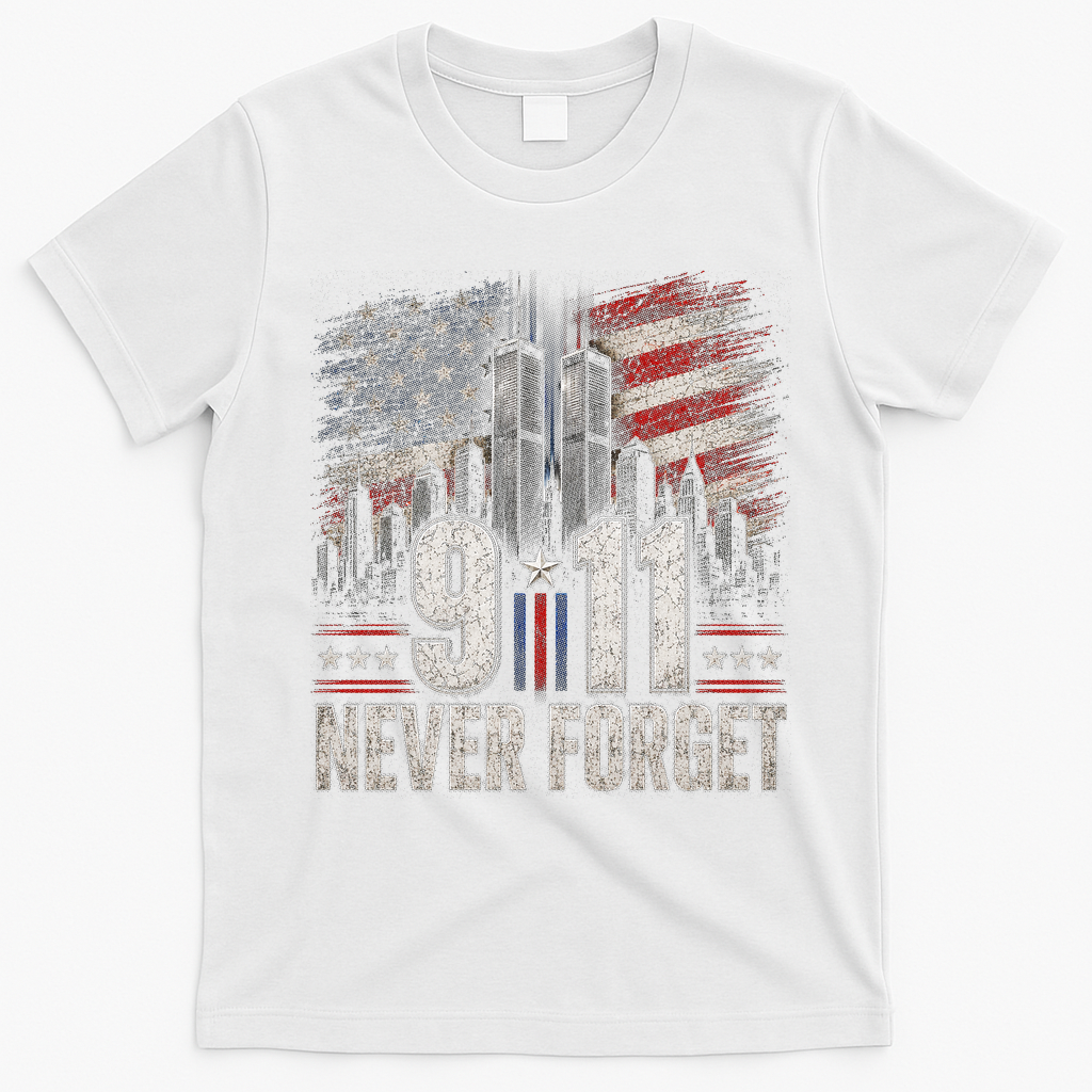 9/11 Never Forget American Flag Memorial Tribute 911 T-Shirt - White