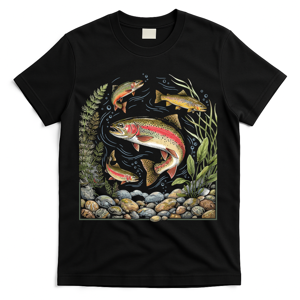 90s River Wildlife Fishing Vintage Rainbow Trout T-Shirt - Black