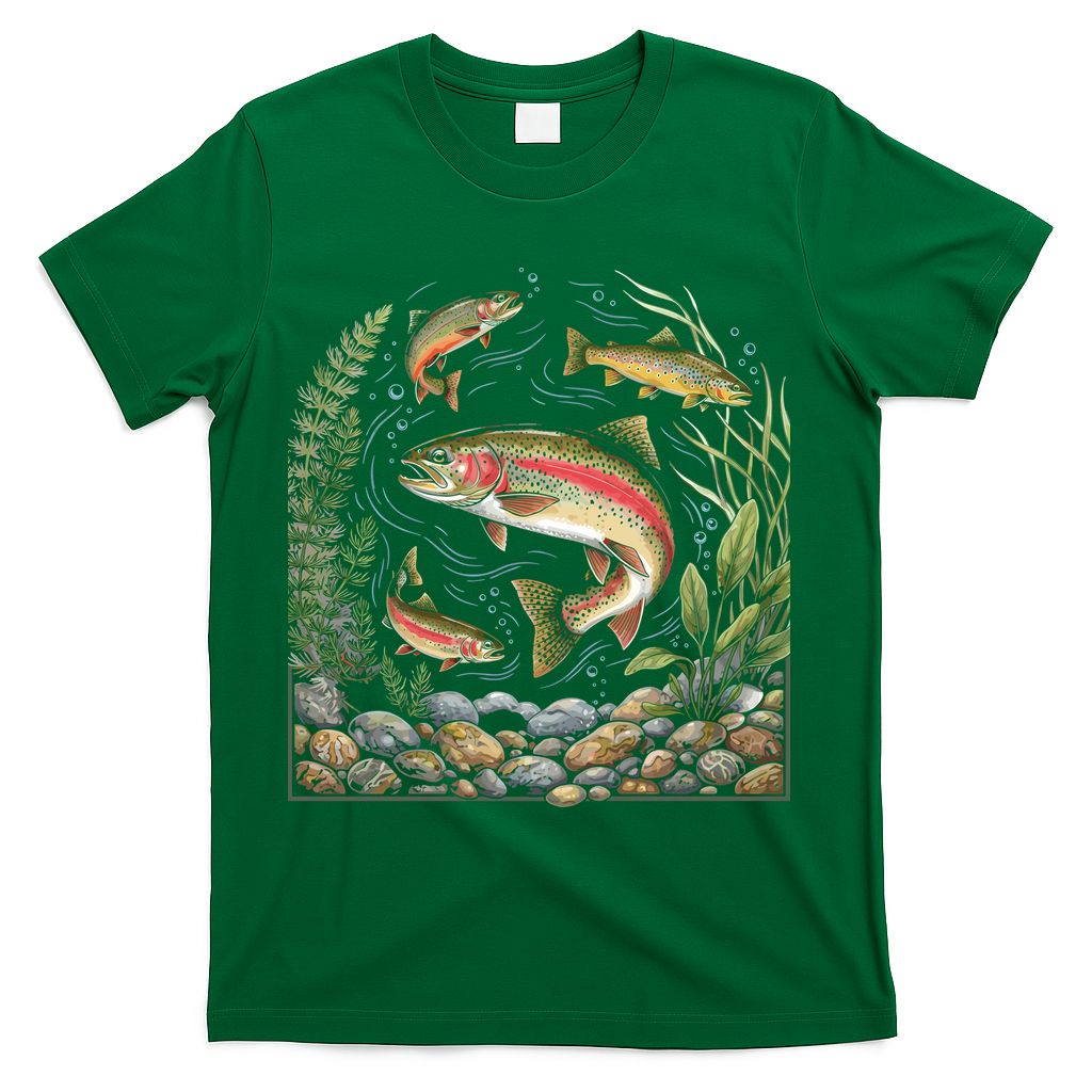 90s River Wildlife Fishing Vintage Rainbow Trout T-Shirt - Green