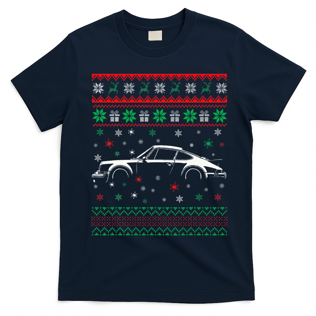 911 Silhouette Ugly Christmas Sweater Car Lover Gifts T-Shirt - Navy Blue