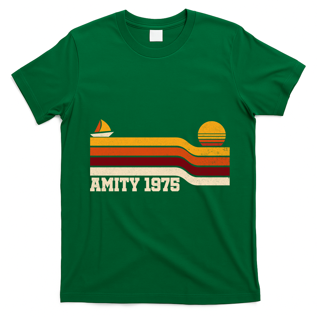 Amity 1975 Retro Sunset Sailboat Coastal Vibes T-Shirt - Irish Green