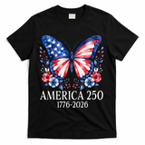 America 250 1776 -2026 Patriotic Flag Butterfly  T-Shirt - Black