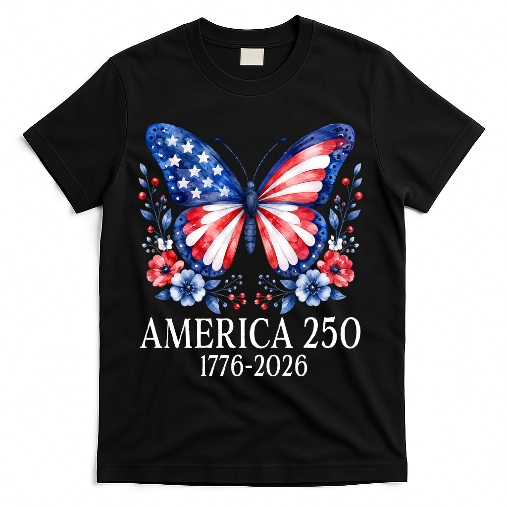 America 250 1776 -2026 Patriotic Flag Butterfly  T-Shirt - Black