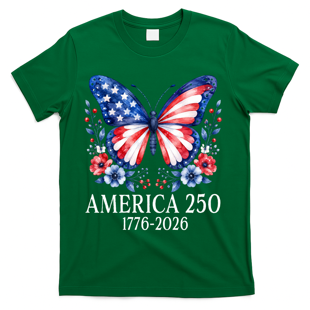 America 250 1776 -2026 Patriotic Flag Butterfly  T-Shirt - Green