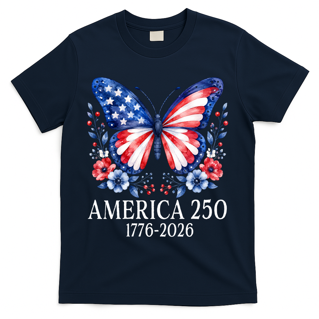 America 250 1776 -2026 Patriotic Flag Butterfly  T-Shirt - Navy