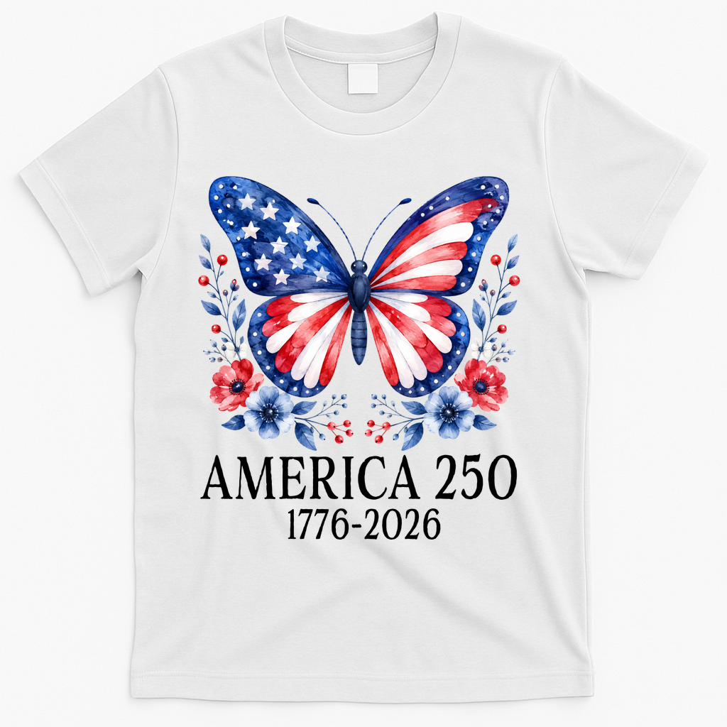 America 250 1776 -2026 Patriotic Flag Butterfly  T-Shirt - White