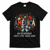 America 250th Birthday 2026 Patriotic Floral USA T-Shirt - Black