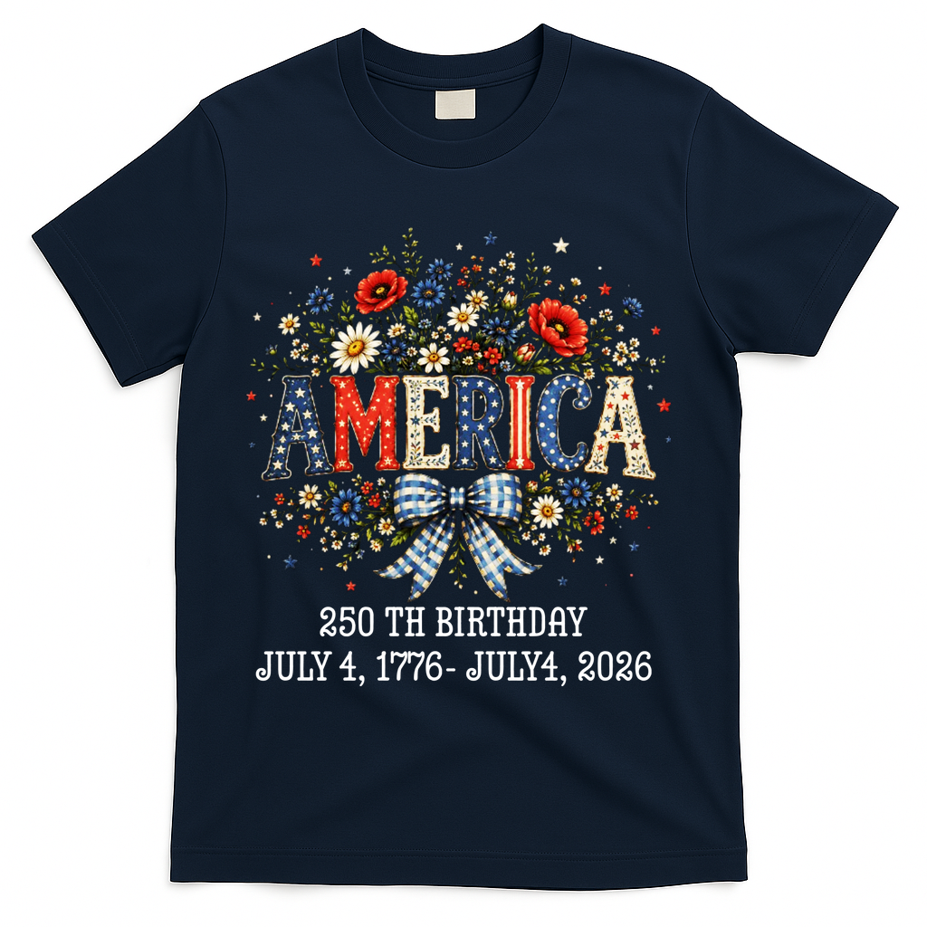 America 250th Birthday 2026 Patriotic Floral USA T-Shirt - Navy