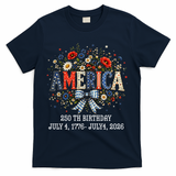 America 250th Birthday 2026 Patriotic Floral USA T-Shirt - Navy