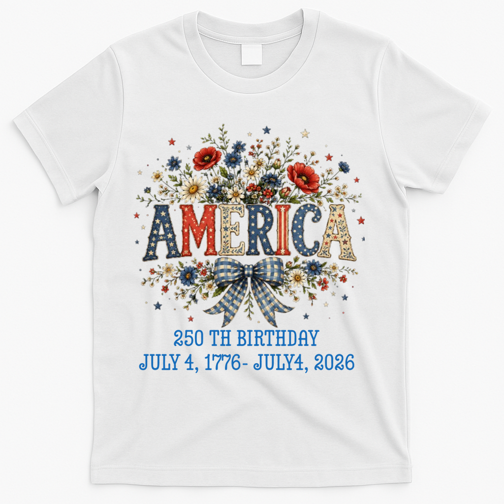 America 250th Birthday 2026 Patriotic Floral USA T-Shirt - White
