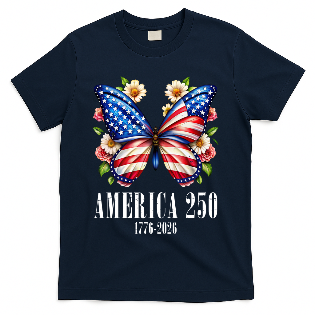 America 250 Years 1776-2026 250th Anniversary Butterfly  T-Shirt - Navy