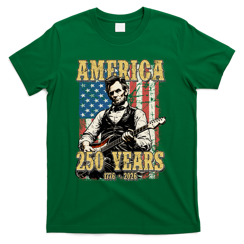America 250 Years 1776 2026 Abe Lincoln Rocking Out Guitar T-Shirt - Green