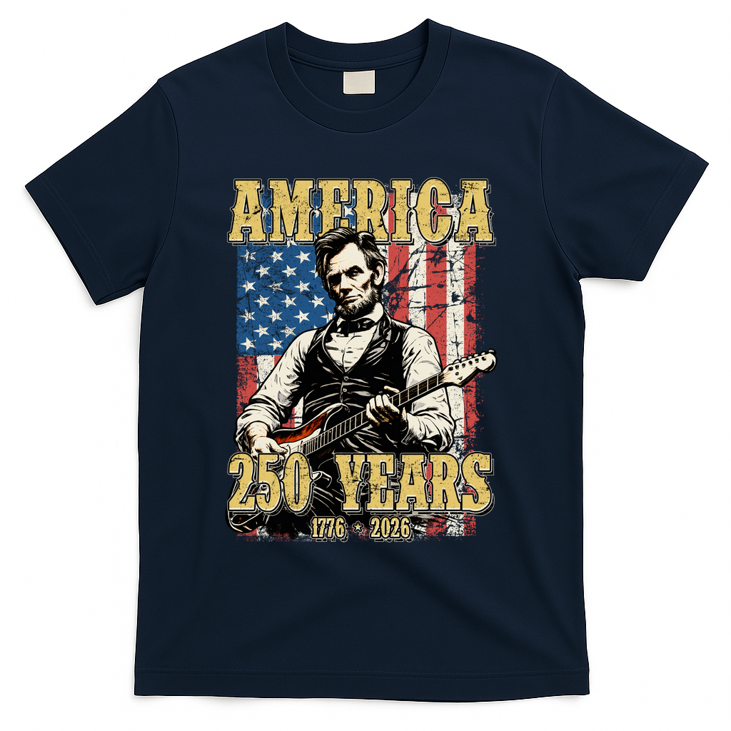 America 250 Years 1776 2026 Abe Lincoln Rocking Out Guitar T-Shirt - Navy