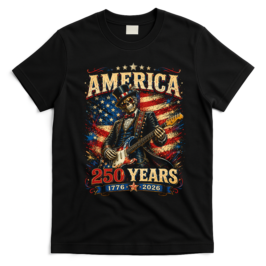 America 250 Years Celebration Rocker Skull Vintage T-Shirt - Black
