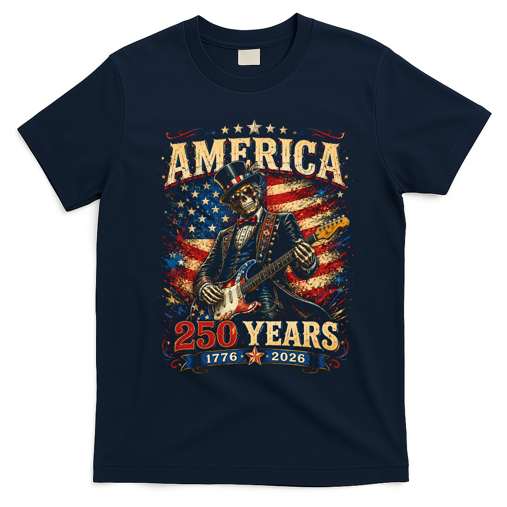 America 250 Years Celebration Rocker Skull Vintage T-Shirt - Navy Blue