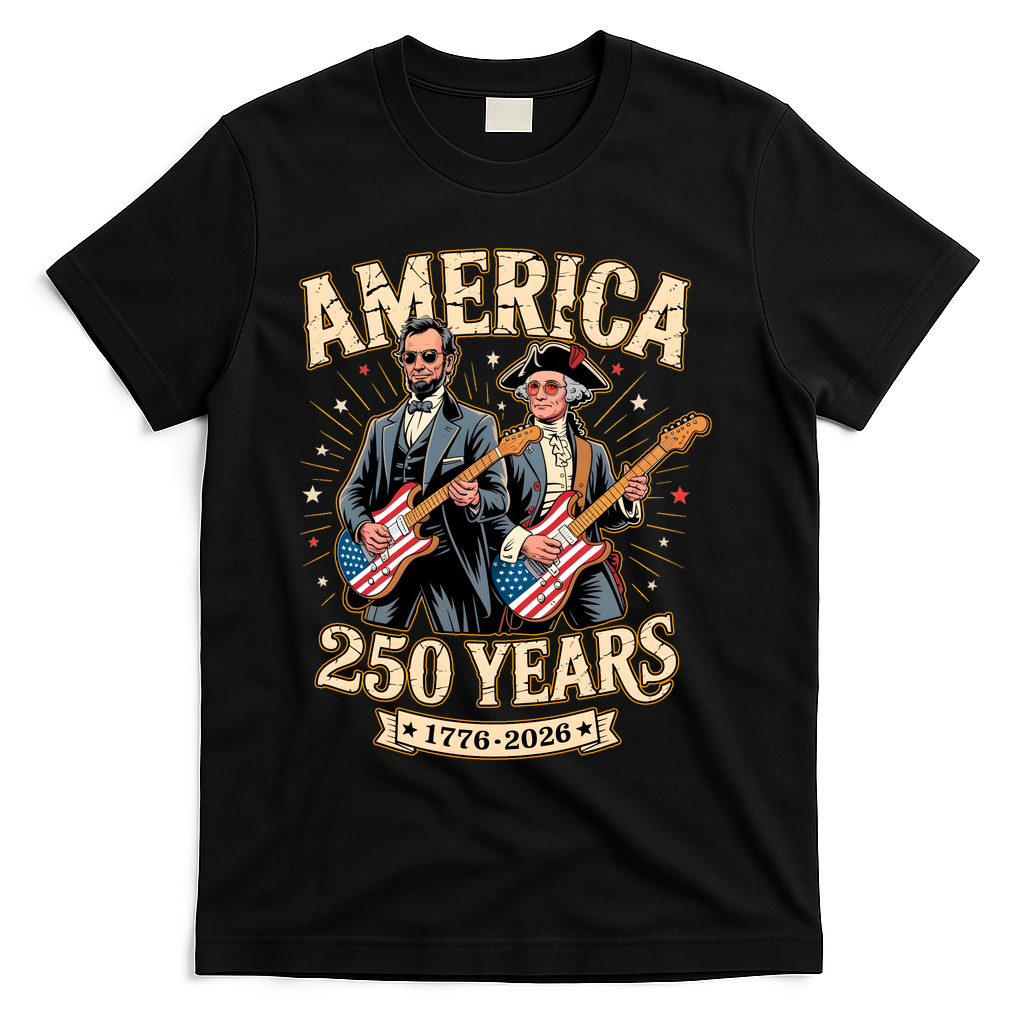 America 250 Years 1776-2026 Funny Lincoln Washington Rock And Roll T-Shirt - Black
