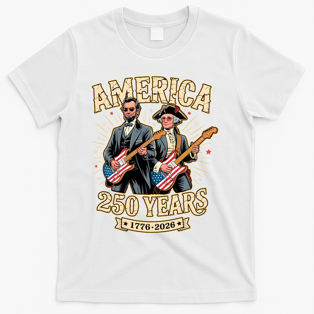 America 250 Years 1776-2026 Funny Lincoln Washington Rock And Roll T-Shirt - White