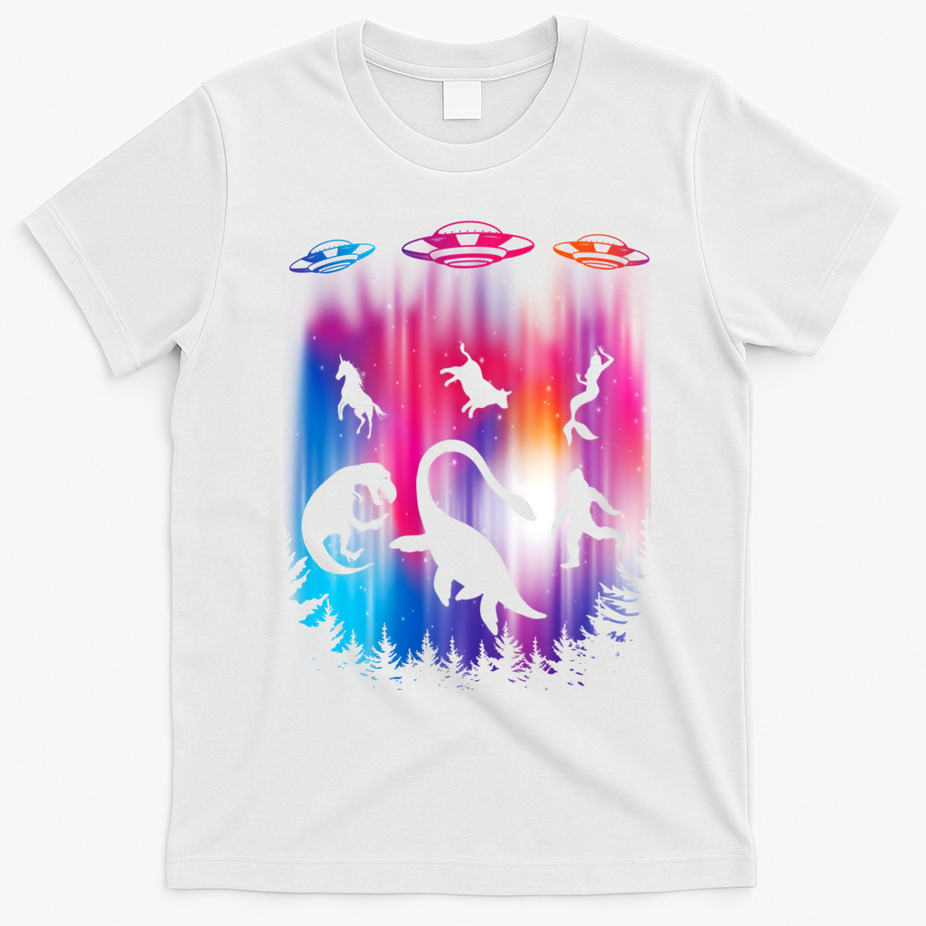 Alien Abduction Trex Loch Ness Bigfoot Funny Ufo T-Shirt - White