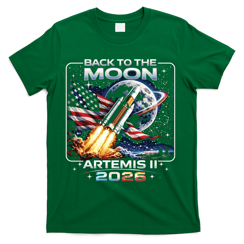 Artemis Back To The Moon 2026 USA Flag T-Shirt - Green