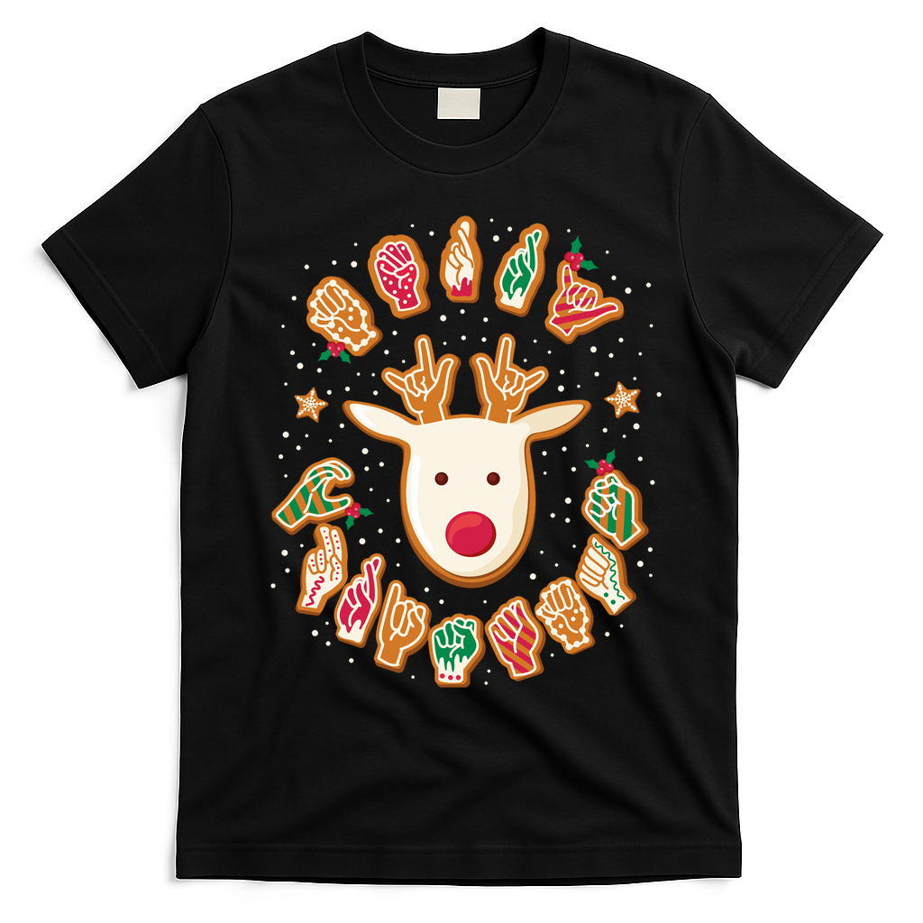 Asl Christmas Reindeer American Sign Language Gingerbread T-Shirt - Black