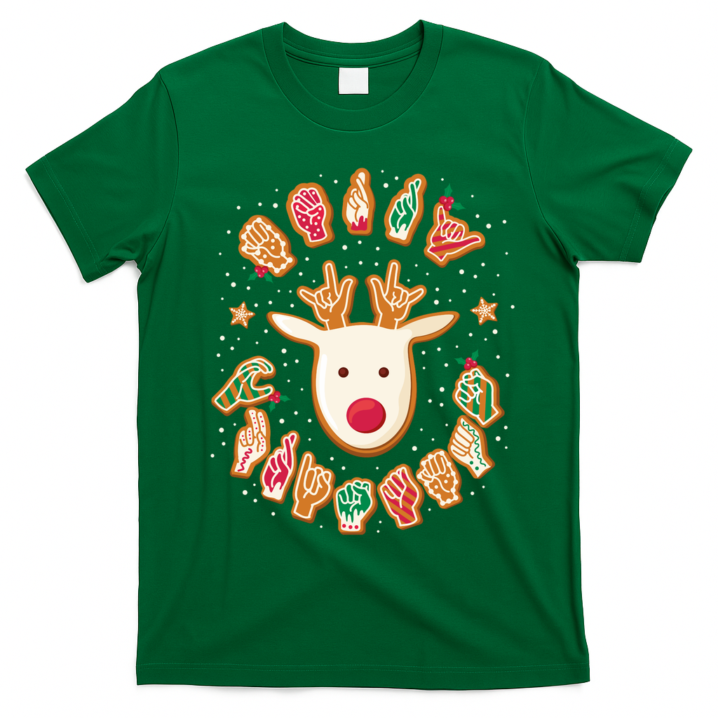 Asl Christmas Reindeer American Sign Language Gingerbread T-Shirt - Irish Green