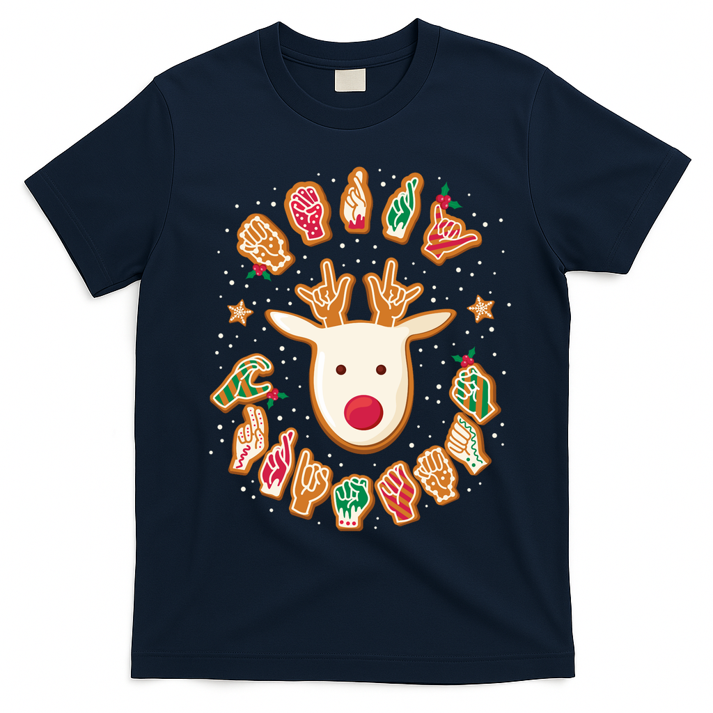 Asl Christmas Reindeer American Sign Language Gingerbread T-Shirt - Navy Blue