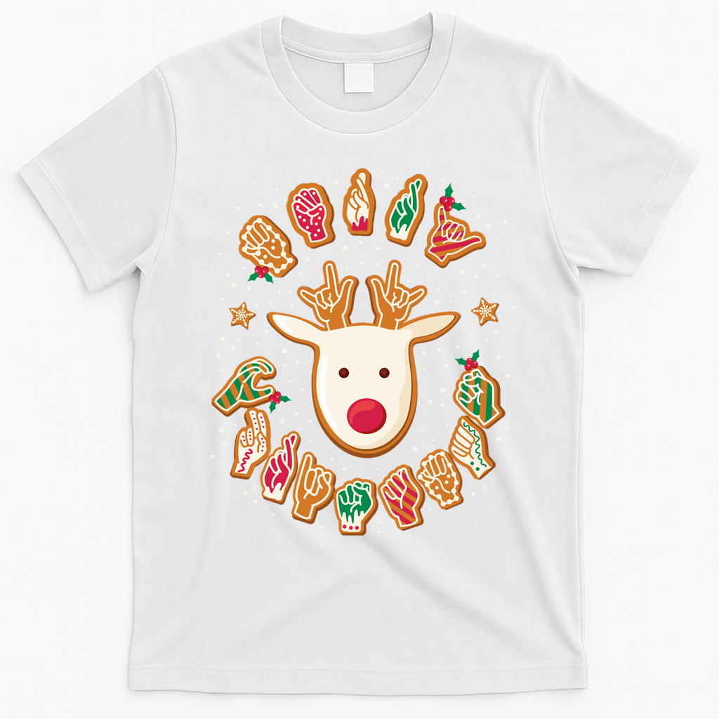 Asl Christmas Reindeer American Sign Language Gingerbread T-Shirt - White
