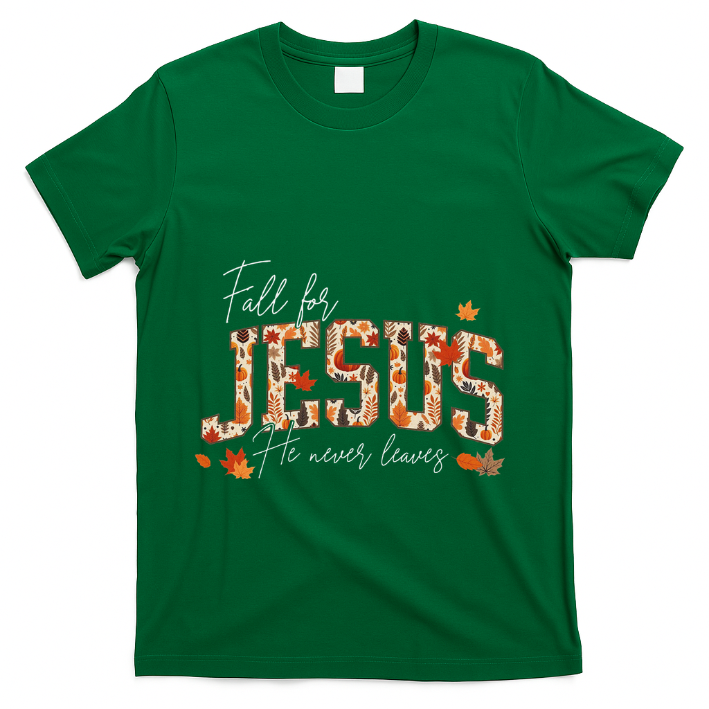 Autumn Christian Thanksgiving Fall For Jesus He Never Leaves T-Shirt - Green