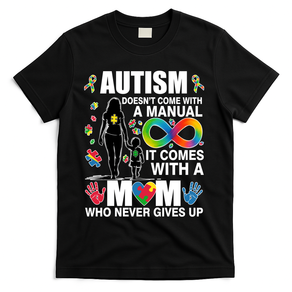 Autism Doesn't Come With A Manual It Comes With A Mom Who Never Gives Up T-Shirt - Black