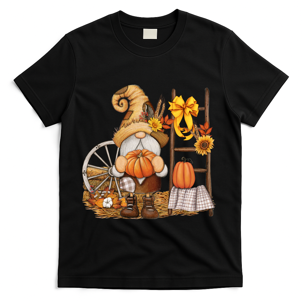 Autumn Fall Season Gnome Pumpkin Floral T-Shirt - Black