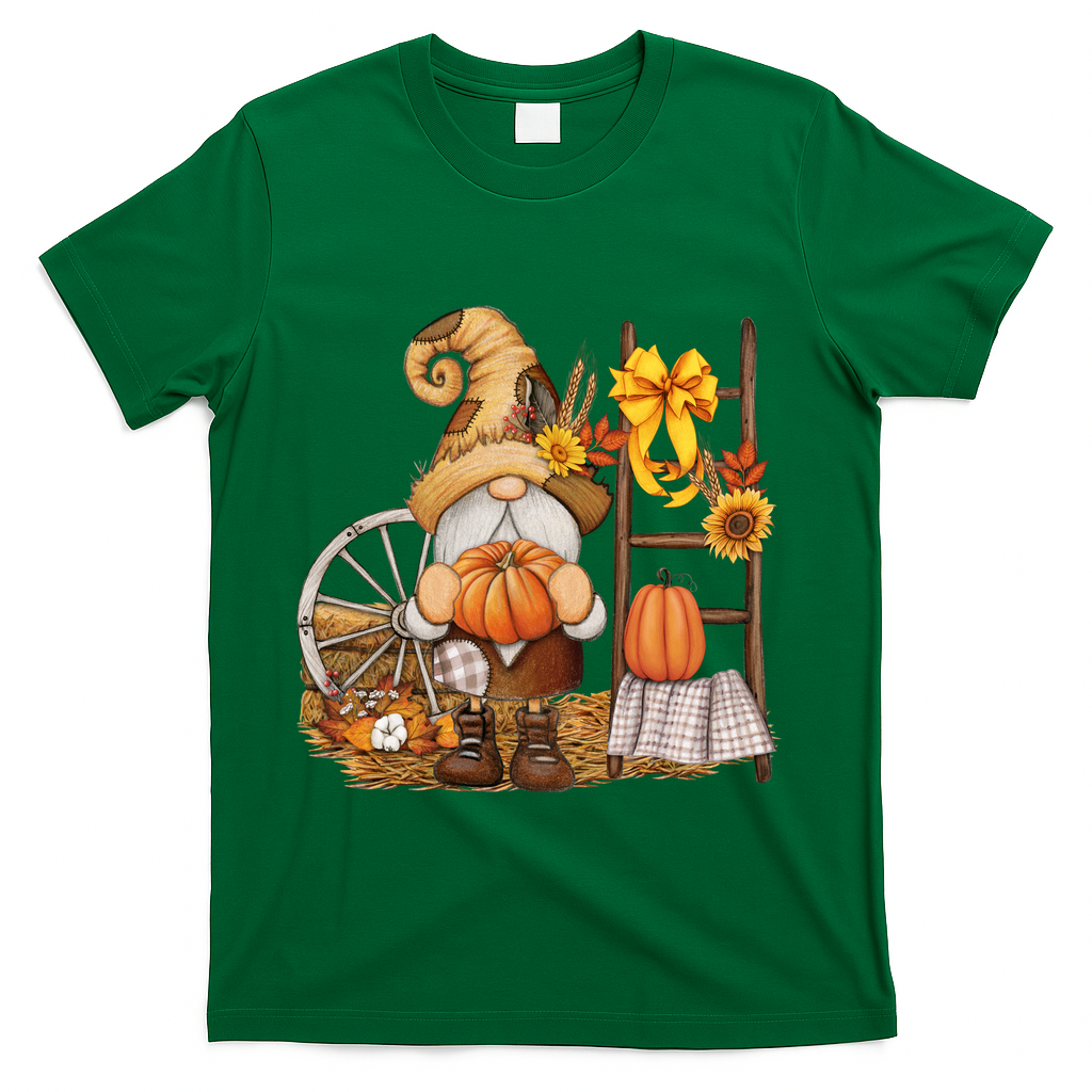 Autumn Fall Season Gnome Pumpkin Floral T-Shirt - Green