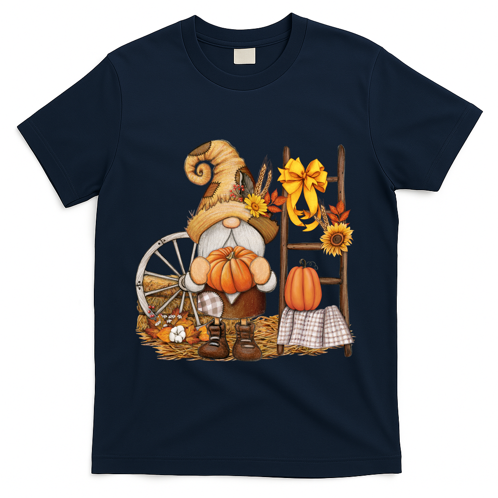 Autumn Fall Season Gnome Pumpkin Floral T-Shirt - Navy