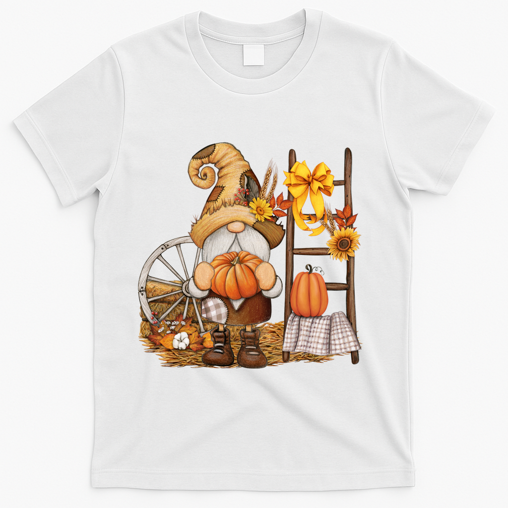 Autumn Fall Season Gnome Pumpkin Floral T-Shirt - White