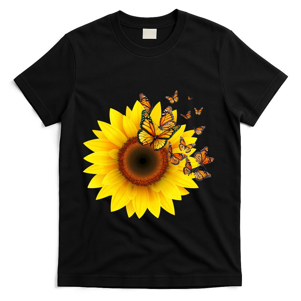 Autumn Fall Sunflower Butterflies T-Shirt - Black