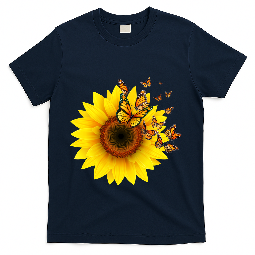 Autumn Fall Sunflower Butterflies T-Shirt - Navy