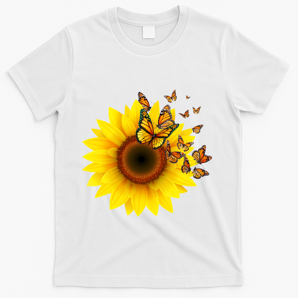 Autumn Fall Sunflower Butterflies T-Shirt - White