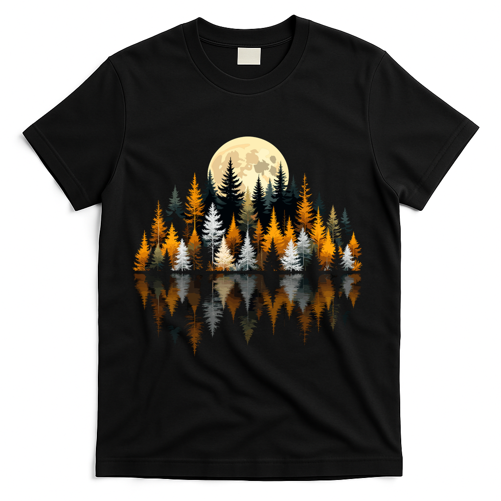 Autumn Forest Trees & Moon Reflection Outdoor Nature Lover Long Sleeve  T-Shirt - Black