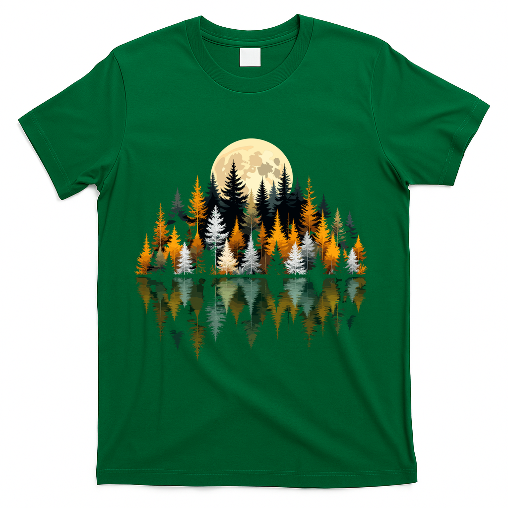 Autumn Forest Trees & Moon Reflection Outdoor Nature Lover Long Sleeve  T-Shirt - Green