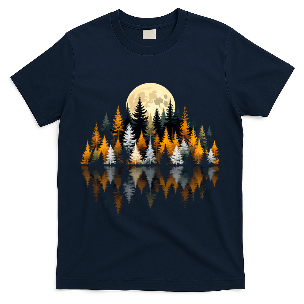 Autumn Forest Trees & Moon Reflection Outdoor Nature Lover Long Sleeve  T-Shirt - Navy