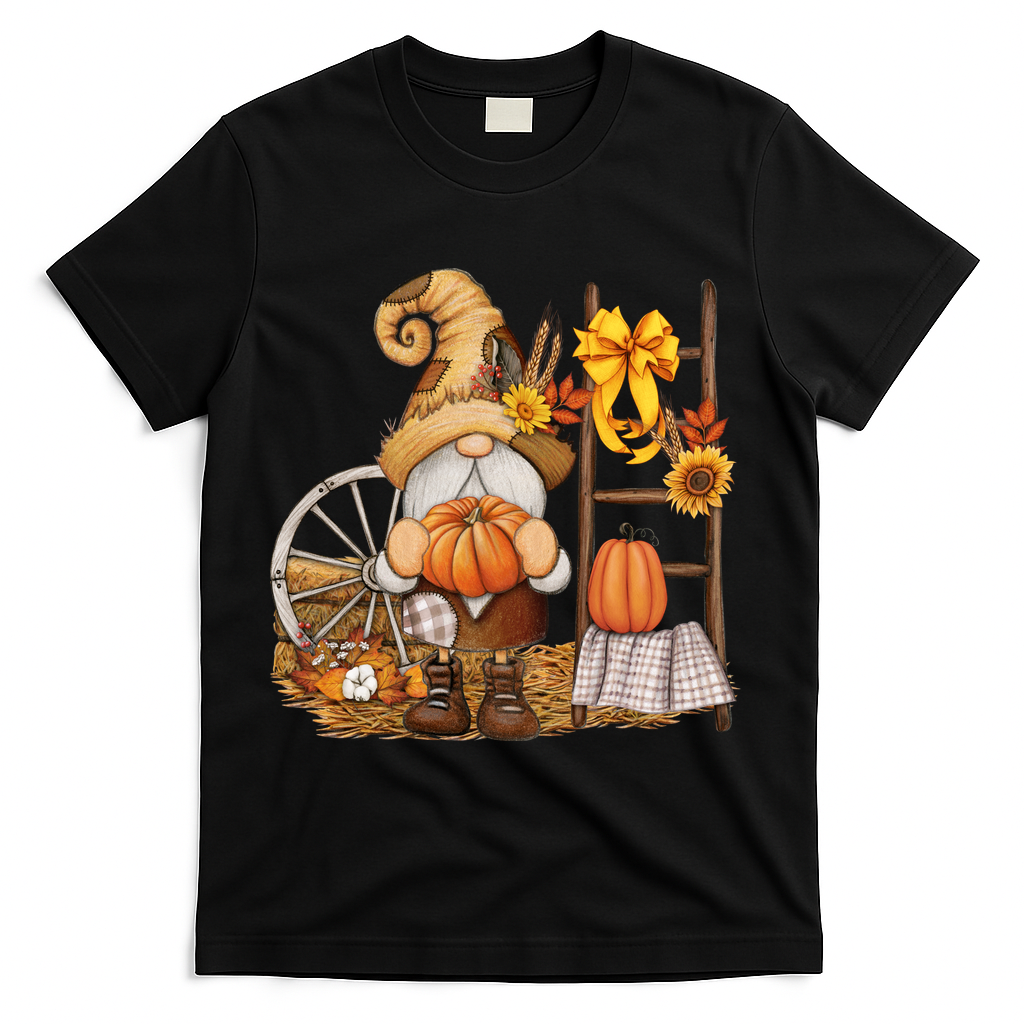 Autumn Gnome Cute Fall Season T-Shirt - Black