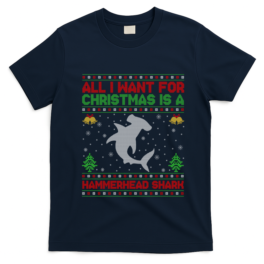 All I Want For Christmas Is A Hammerhead Shark Ugly Xmas Gift T-Shirt - Navy Blue