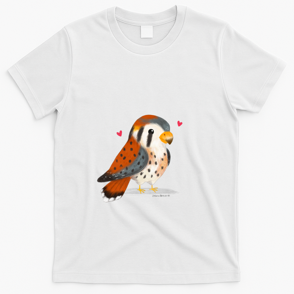 American Kestrel bird with little hearts - White