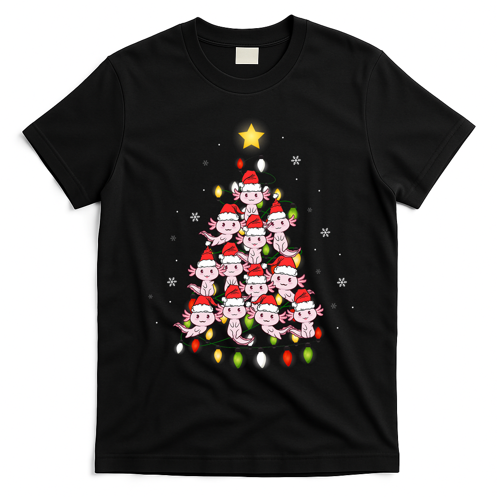 Axolotl Kawaii Christmas Tree Lights Pajama Xmas Tree T-Shirt - Black